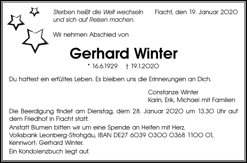  Traueranzeige für Gerhard Winter vom 23.01.2020 aus Leonberger Kreiszeitung / Strohgäu Extra