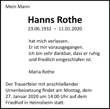 Traueranzeige von Hanns Rothe von Leonberger Kreiszeitung / Strohgäu Extra