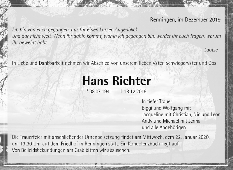  Traueranzeige für Hans Richter vom 09.01.2020 aus Leonberger Kreiszeitung