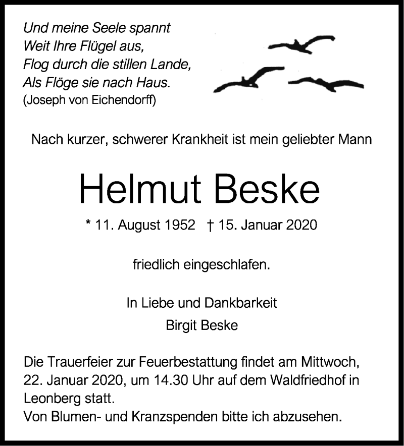  Traueranzeige für Helmut Beske vom 17.01.2020 aus Leonberger Kreiszeitung
