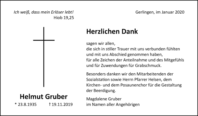  Traueranzeige für Helmut Gruber vom 17.01.2020 aus Leonberger Kreiszeitung