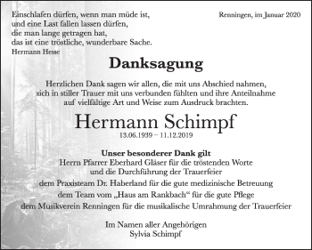 Traueranzeige von Hermann Schimpf von Leonberger Kreiszeitung