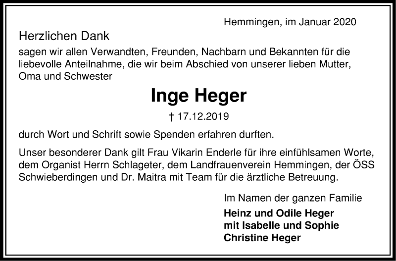  Traueranzeige für Inge Heger vom 16.01.2020 aus Leonberger Kreiszeitung