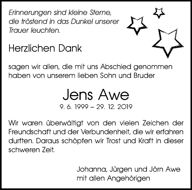  Traueranzeige für Jens Awe vom 17.01.2020 aus Leonberger Kreiszeitung