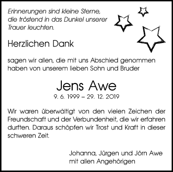 Traueranzeige von Jens Awe von Leonberger Kreiszeitung / Strohgäu Extra