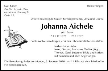 Traueranzeige von Johanna Aichele von Leonberger Kreiszeitung / Strohgäu Extra