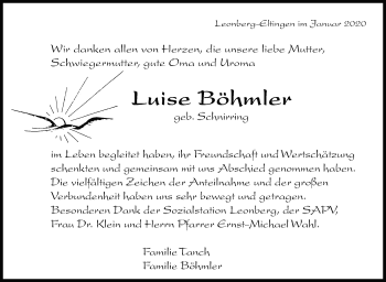 Traueranzeige von Luise Böhmler von Leonberger Kreiszeitung