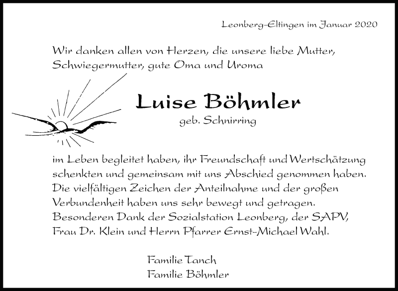  Traueranzeige für Luise Böhmler vom 04.01.2020 aus Leonberger Kreiszeitung