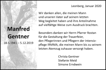 Traueranzeige von Manfred Gentner von Leonberger Kreiszeitung