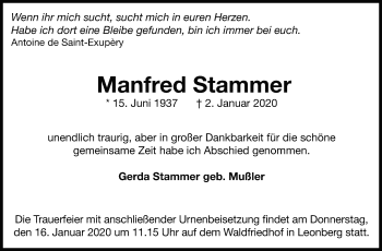 Traueranzeige von Manfred Stammer von Leonberger Kreiszeitung