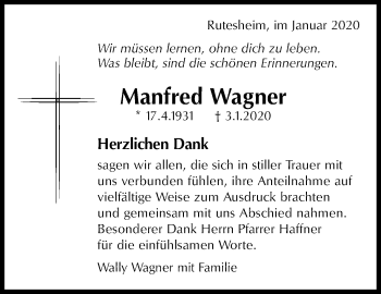 Traueranzeige von Manfred Wagner von Leonberger Kreiszeitung / Strohgäu Extra