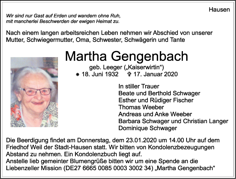  Traueranzeige für Martha Gengenbach vom 21.01.2020 aus Leonberger Kreiszeitung / Strohgäu Extra