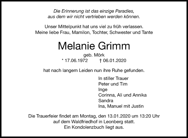  Traueranzeige für Melanie Grimm vom 09.01.2020 aus Leonberger Kreiszeitung