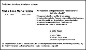 Traueranzeige von Nadja Anna Maria  Fabian von Leonberger Kreiszeitung / Strohgäu Extra