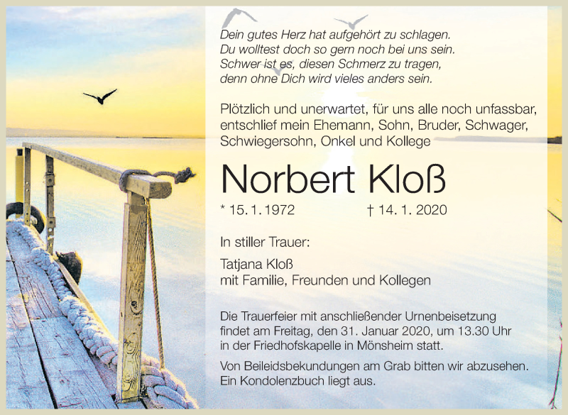  Traueranzeige für Norbert Kloß vom 21.01.2020 aus Leonberger Kreiszeitung / Strohgäu Extra