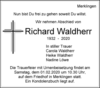 Traueranzeige von Richard Waldherr von Leonberger Kreiszeitung / Strohgäu Extra