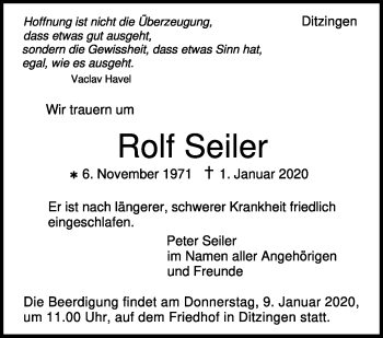 Traueranzeige von Rolf Seiler von Leonberger Kreiszeitung