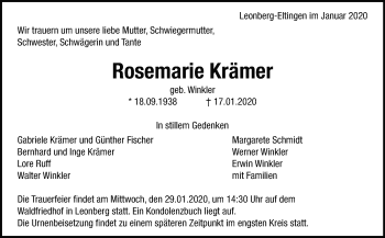 Traueranzeige von Rosemarie Krämer von Leonberger Kreiszeitung / Strohgäu Extra