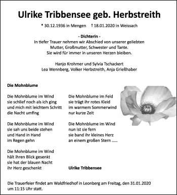 Traueranzeige von Ute Tribbensee von Leonberger Kreiszeitung / Strohgäu Extra
