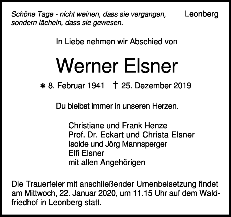  Traueranzeige für Werner Elsner vom 15.01.2020 aus Leonberger Kreiszeitung