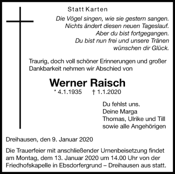 Traueranzeige von Werner Raisch von Leonberger Kreiszeitung