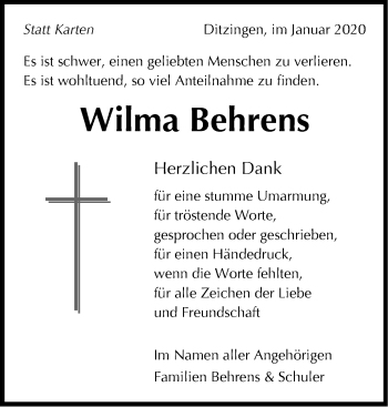 Traueranzeige von Wilma Behrens von Leonberger Kreiszeitung