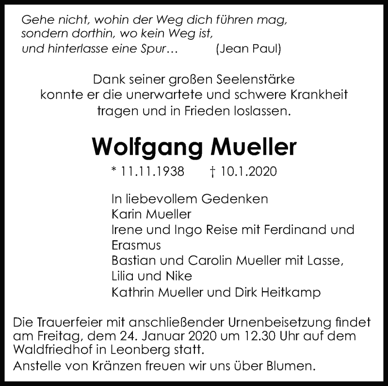  Traueranzeige für Wolfgang Mueller vom 16.01.2020 aus Leonberger Kreiszeitung