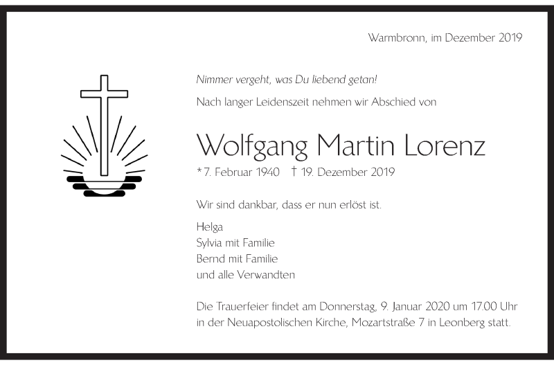  Traueranzeige für Wolfgang Martin Lorenz vom 03.01.2020 aus Leonberger Kreiszeitung