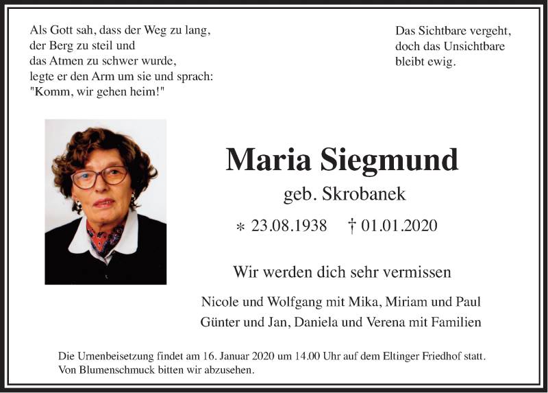  Traueranzeige für Maria Siegmund vom 08.01.2020 aus LEONBERGER KREISZEITUNG / STROHGÄU EXTRA