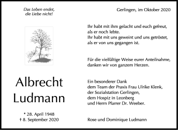 Traueranzeige von Albrecht Ludmann von Leonberger Kreiszeitung / Strohgäu Extra