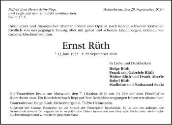 Traueranzeige von Ernst Rüth von Leonberger Kreiszeitung / Strohgäu Extra