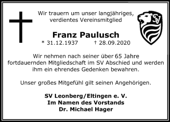 Traueranzeige von Franz Paulusch von Leonberger Kreiszeitung / Strohgäu Extra