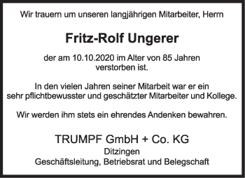 Traueranzeige von Fritz-Rolf Ungerer von Leonberger Kreiszeitung / Strohgäu Extra