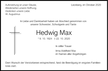 Traueranzeige von Hedwig Max von Leonberger Kreiszeitung / Strohgäu Extra