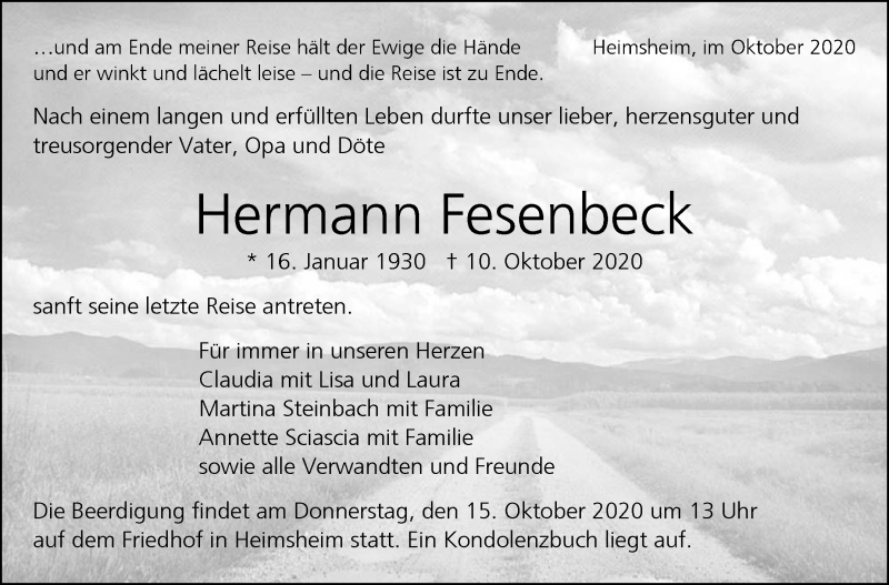  Traueranzeige für Hermann Fesenbeck vom 13.10.2020 aus Leonberger Kreiszeitung / Strohgäu Extra