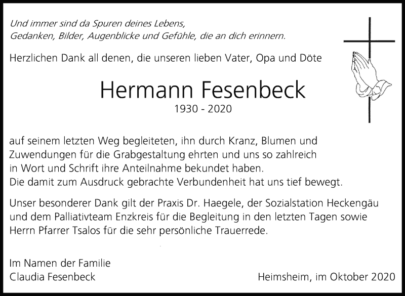  Traueranzeige für Hermann Fesenbeck vom 31.10.2020 aus Leonberger Kreiszeitung / Strohgäu Extra