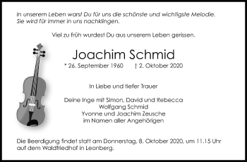 Traueranzeige von Joachim Schmid von Leonberger Kreiszeitung / Strohgäu Extra