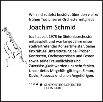 Traueranzeige von Joachim Schmid von Leonberger Kreiszeitung / Strohgäu Extra