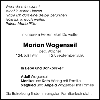 Traueranzeige von Marion Wagenseil von Leonberger Kreiszeitung / Strohgäu Extra