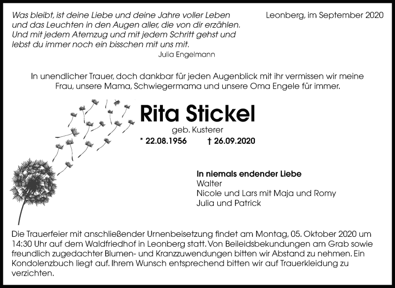  Traueranzeige für Rita Stickel vom 01.10.2020 aus Leonberger Kreiszeitung / Strohgäu Extra