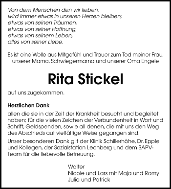 Traueranzeige von Rita Stickel von Leonberger Kreiszeitung / Strohgäu Extra
