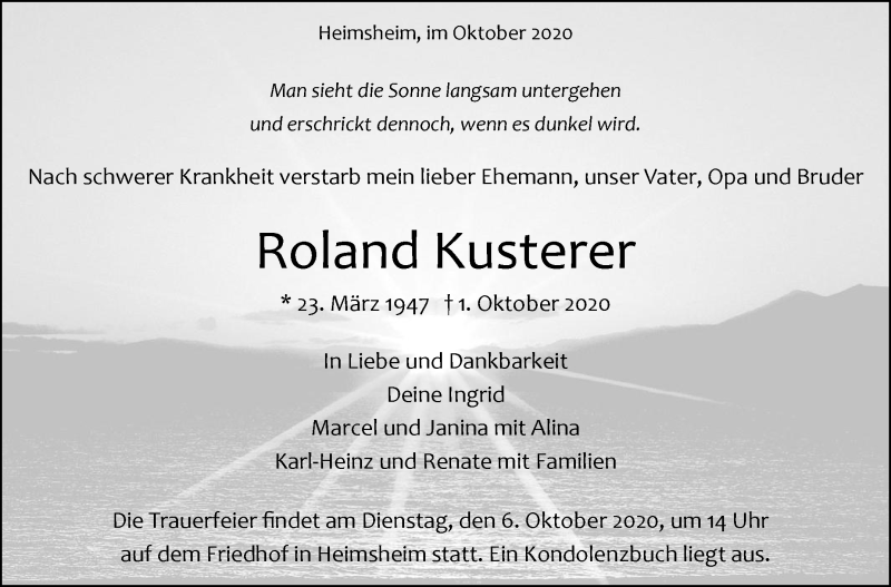  Traueranzeige für Roland Kusterer vom 05.10.2020 aus Leonberger Kreiszeitung / Strohgäu Extra