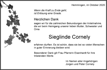 Traueranzeige von Sieglinde Cornely von Leonberger Kreiszeitung / Strohgäu Extra