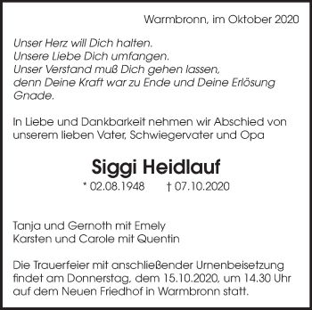 Traueranzeige von Siggi Heidlauf von Leonberger Kreiszeitung / Strohgäu Extra
