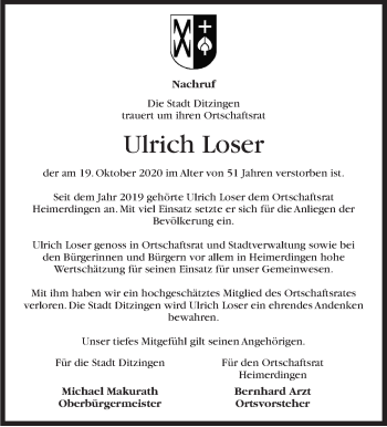 Traueranzeige von Ulrich Loser von Leonberger Kreiszeitung / Strohgäu Extra