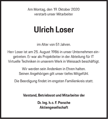 Traueranzeige von Ulrich Loser von Leonberger Kreiszeitung / Strohgäu Extra