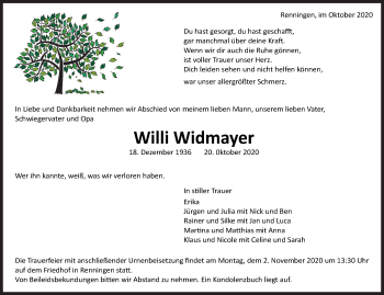 Traueranzeige von Willi Widmayer von Leonberger Kreiszeitung / Strohgäu Extra