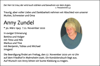 Traueranzeige von Anny Zundel von Leonberger Kreiszeitung / Strohgäu Extra