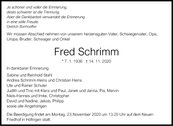 Traueranzeige von Fred Schrimm von Leonberger Kreiszeitung / Strohgäu Extra