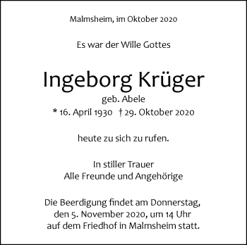 Traueranzeige von Ingeborg Krüger von Leonberger Kreiszeitung / Strohgäu Extra